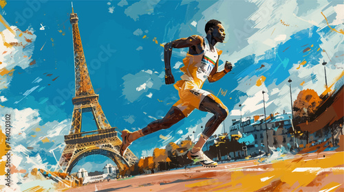 Colorful illustration of a persons running in Paris with the Eiffel Tower in the background, Olympic Games, marathonist