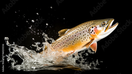 A Trout Fish jumping out in the river black background. Fishing concept. Background with selective focus.