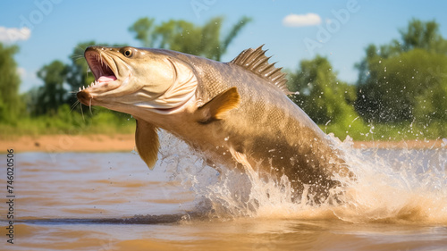 Big catfish in river jumping out of water. Fishing concept. Background with selective focus.