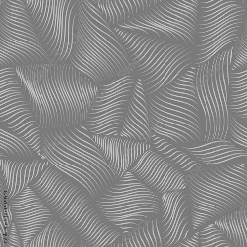 Repeat pattern of gray silky waves with line texture. Modern abstract monochromatic background with optical illusion effect.