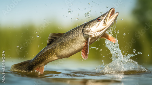 Pike fish jumping out of river water. Fishing concept. Background with selective focus.