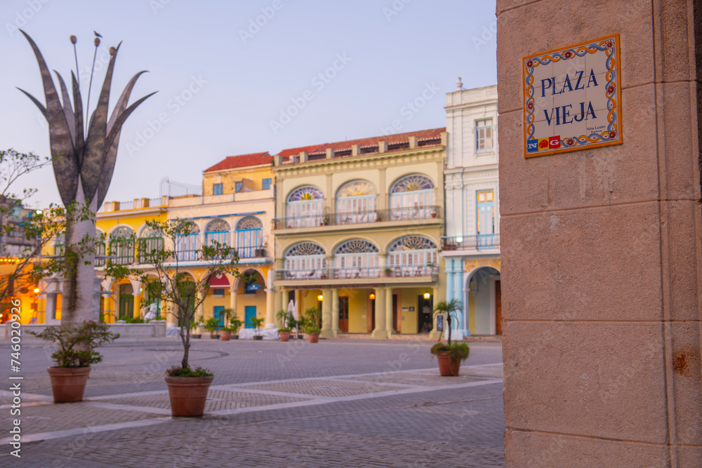 Sign of Old Town Square (Plaza Vieja) in Old Havana (La Habana Vieja), Cuba. Old Havana is a World Heritage Site. 