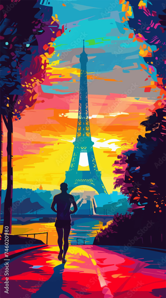 Colorful illustration person running in Paris with the Eiffel Tower in the background, Olympic Games 