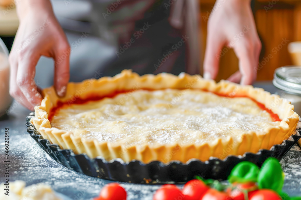 person hands are shown finishing pizza in the form of a pie, with the golden crust suggesting delicious anticipation. Focus on the tart hints at a moment of culinary creation and home-baked warmth
