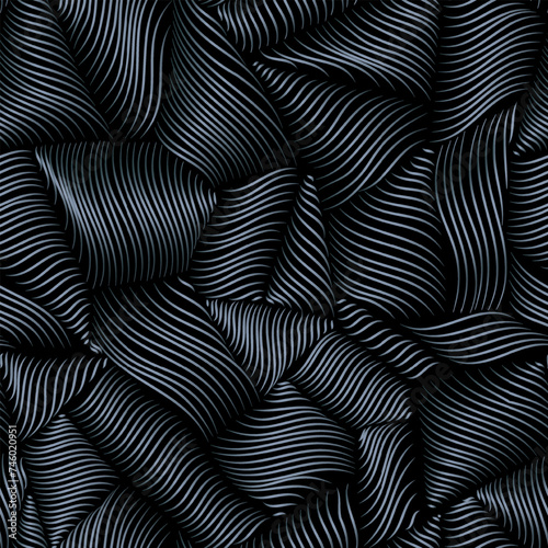 Black moody metallic wavy line texture. Seamless techno pattern of curved 3D shapes.