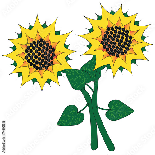 Two sunflowers hug each other, pressing their stems and green leaves. The plant has a yellow flower containing black seeds.