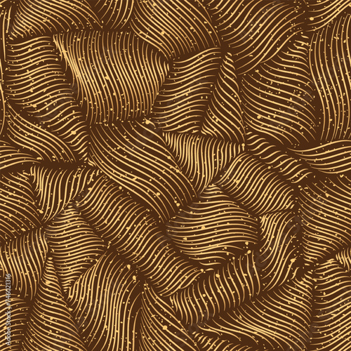 Dark golden curvy line texture with sparkles. Repeat luxury background of puffy metallic abstract waves in yellow and brown.