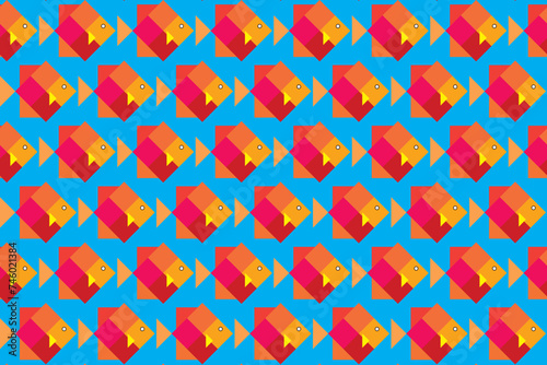 Illustration pattern of the square fish on blue background.