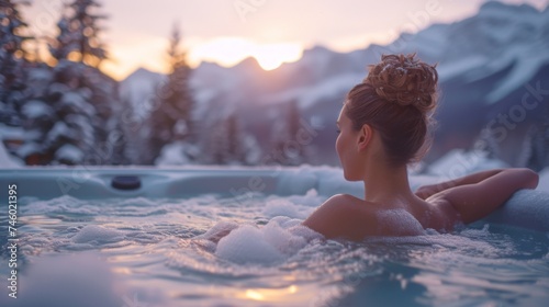 A young woman is relaxing in a hot tub with snowy mountains in the background during sunset, capturing a serene and luxurious moment