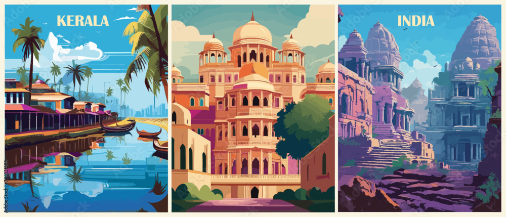 Set of Travel Destination Posters in retro style. India, Kerala prints. Exotic summer vacation, international holidays, travelling, tourism concept. Vintage vector colorful illustrations.