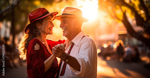 Timeless Tango: Embracing Tradition with an Old Couple Dancing at Sunset in the Streets of Argentina Representing their Culture and Tradition. photo