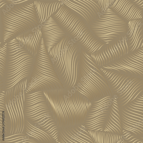 Beige satin curvy line texture. Endless geometric pattern of 3D silky abstract shapes.