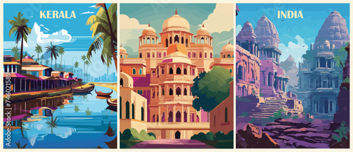 Set of Travel Destination Posters in retro style. India, Kerala prints. Exotic summer vacation, international holidays, travelling, tourism concept. Vintage vector colorful illustrations. © Creative_Juice_Art
