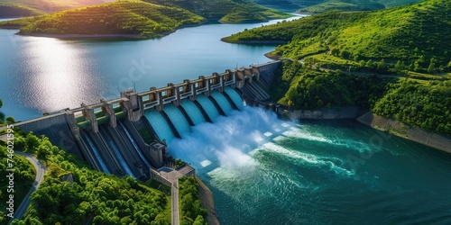 Generative AI, hydroelectric dam utilizing the flow of water to produce sustainable energy, power station, aerial view