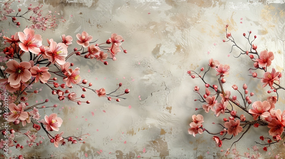 A painting depicting a cluster of pink flowers against a muted gray background