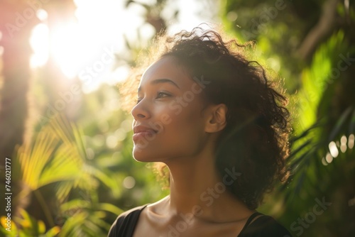 Very attractive black woman looking away in a tropical park