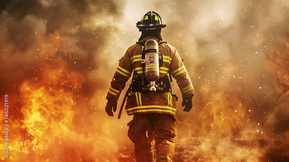 The intensity and heroism as a firefighter bravely navigates into the fire, searching for possible survivors amidst the smoke and flames, embodying courage, determination, and selflessness  - obrazy, fototapety, plakaty 