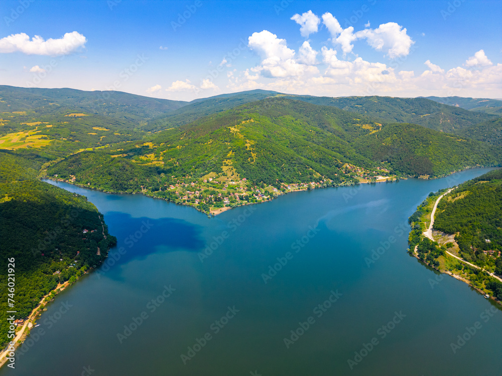 Drone shot of Bovan lake near Sokobanja from above.