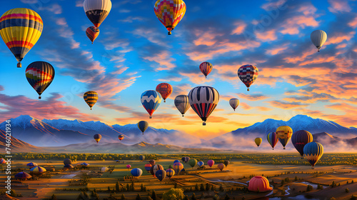 Celebrating Sunrise: A breathtaking display of Hot Air Balloons against the Dawn Sky