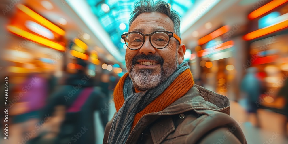 A mature Latin man exudes confidence and sophistication as he strikes a dynamic pose against the blurred backdrop of a modern, motion-blurred shopping mall filled with bustling shoppers.