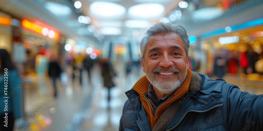 A mature Latin man exudes confidence and sophistication as he strikes a dynamic pose against the blurred backdrop of a modern, motion-blurred shopping mall filled with bustling shoppers.