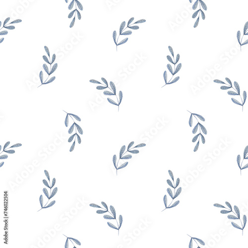 A pattern from an illustration of watercolor blue twigs with leaves. It was drawn by hand.
