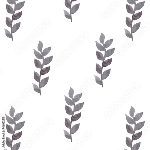 A pattern from an illustration of watercolor gray twigs with leaves. It was drawn by hand.