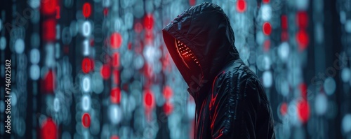 Close up of a critical error message on a digital ledger indicating a blockchain integrity failure due to hacking with a shadowy figure in the background representing the cyber threat photo