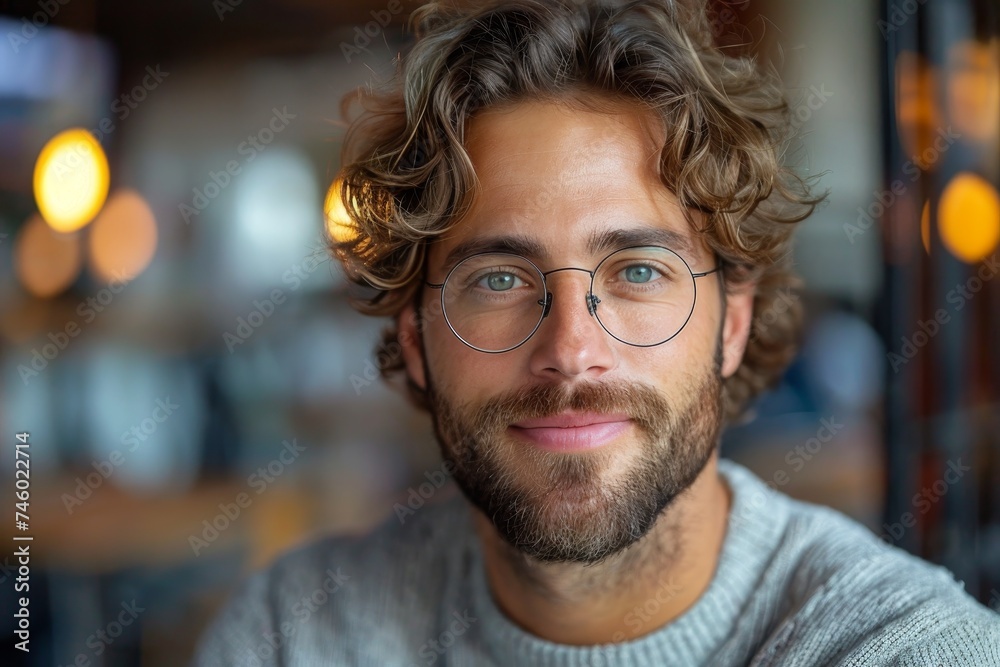 A portrait of a relaxed man with curly hair and round glasses giving a warm smile in a casual setting