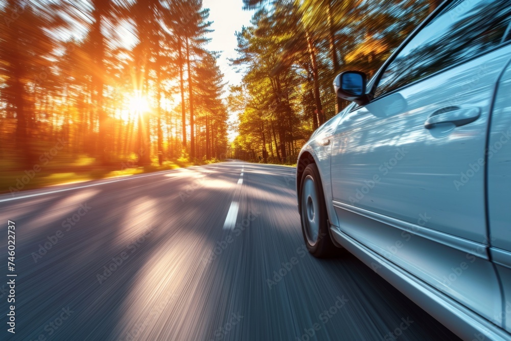 Fototapeta premium A white car is seen driving down a road flanked by a dense forest. The vehicle moves smoothly on the asphalt under the canopy of green trees