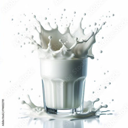Milk splashes realistic composition with glass