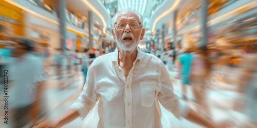 A senior Latin man exudes timeless charm and confidence as he strikes a dynamic pose against the blurred backdrop of a modern, motion-blurred shopping mall filled with bustling shoppers.