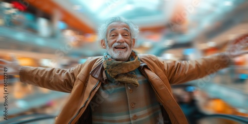 A senior Latin man exudes timeless charm and confidence as he strikes a dynamic pose against the blurred backdrop of a modern, motion-blurred shopping mall filled with bustling shoppers.