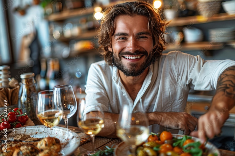 Handsome man with tattoo and white shirt laughing joyfully in a dynamic kitchen setting, surrounded by fresh ingredients and wine