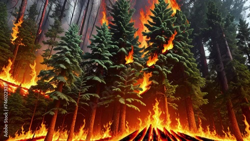 Destructive fire in dense forest due to unextinguished tourist bonfire. Towering flames quickly set trees ablaze, black smoke rises upward.