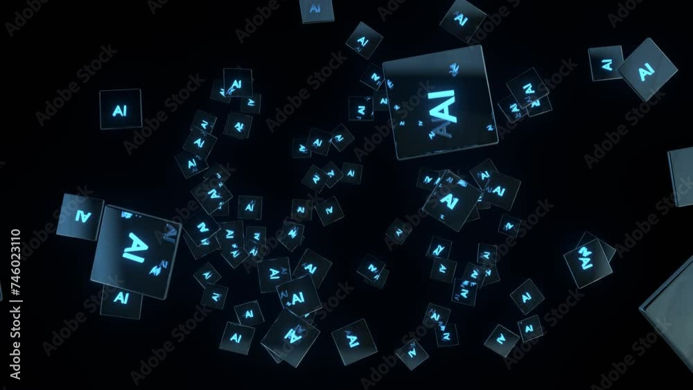 3d animation of AI processor flying in different directions in a dark room. Brain of Artificial intelligence, Digital generate technology
