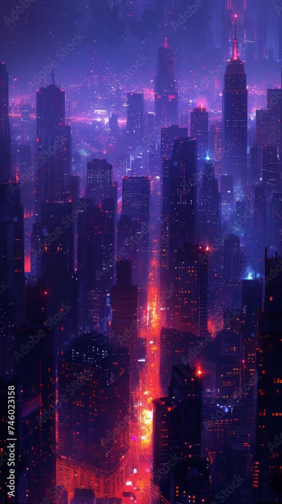 A vivid, futuristic cityscape at night with a blue and pink palette, depicting a bustling, illuminated metropolis