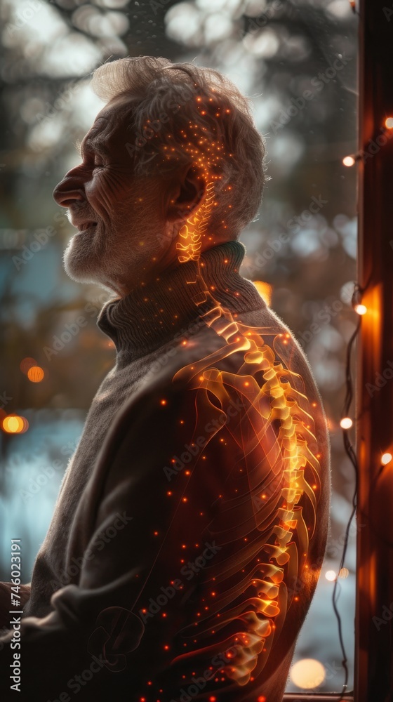 A man is standing next to a window adorned with a string of lights