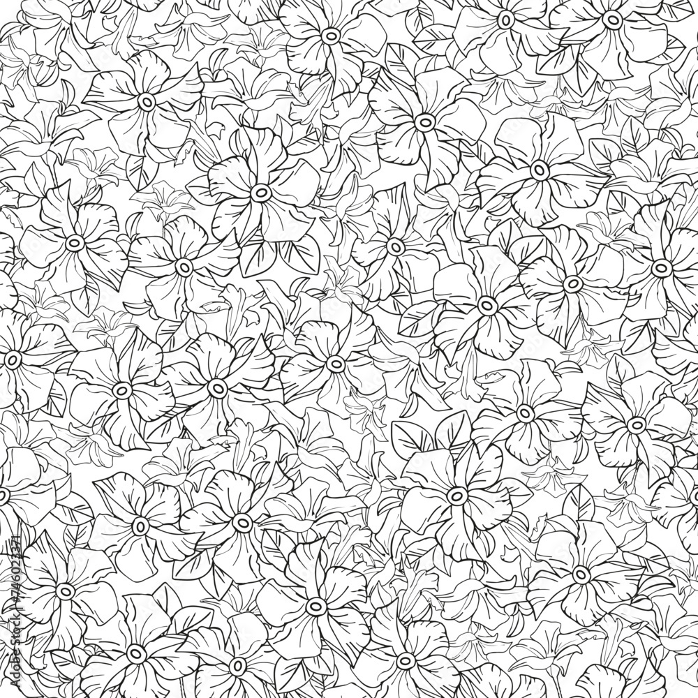 Delicate jasmine floral seamless pattern for textile or wallpaper, scrapbook paper. Black and white vector background with hand drawn plants elements for coloring page