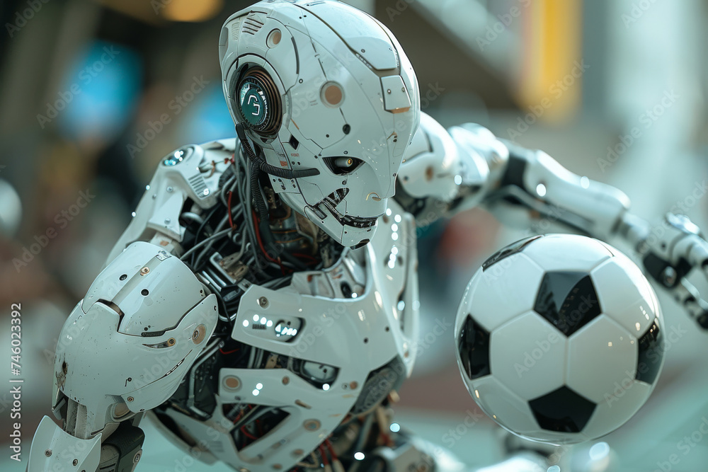 A highly detailed robotic figure holds a soccer ball, showcasing modern robotics technology in sports. A highly detailed robotic figure holds a soccer ball, showcasing modern robotics technology in sports.
