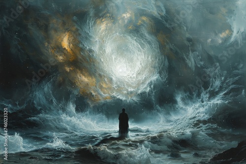 A lone figure stands before a vast cosmic whirlpool, evoking a sense of confronting the unknown in an ocean setting.