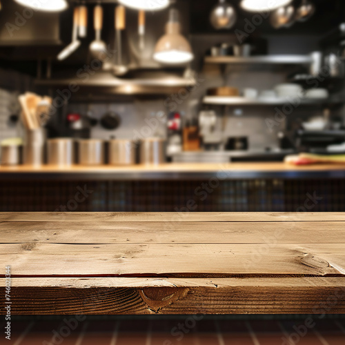 Empty wooden table in professional restaurant kitchen