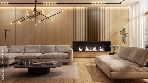 Obraz na płótnie Living room designed in a modern minimalist style, with a large comfortable sofa