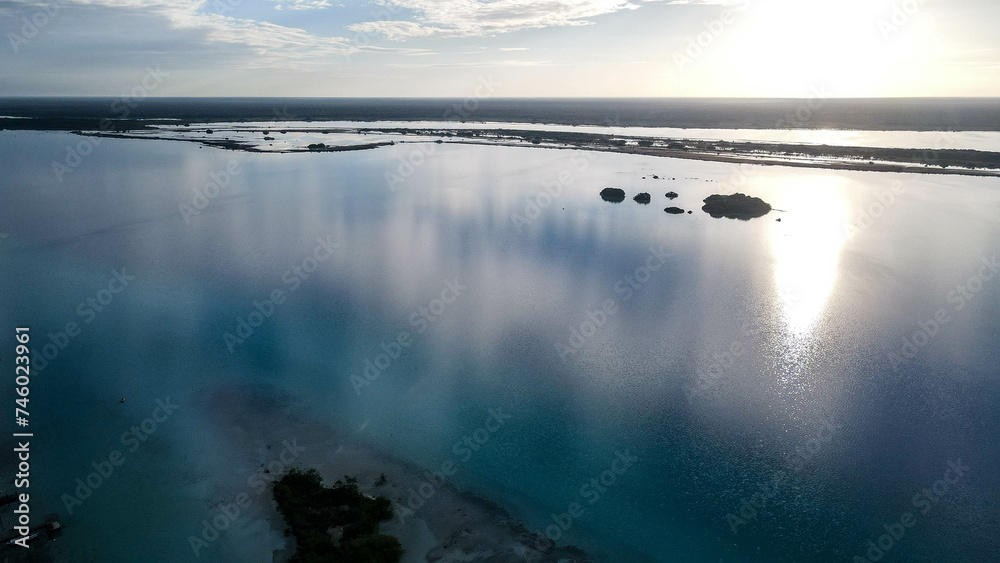 Aerial Drone view of Bacalar, laguna en ruinas - obrazy, fototapety, plakaty 
