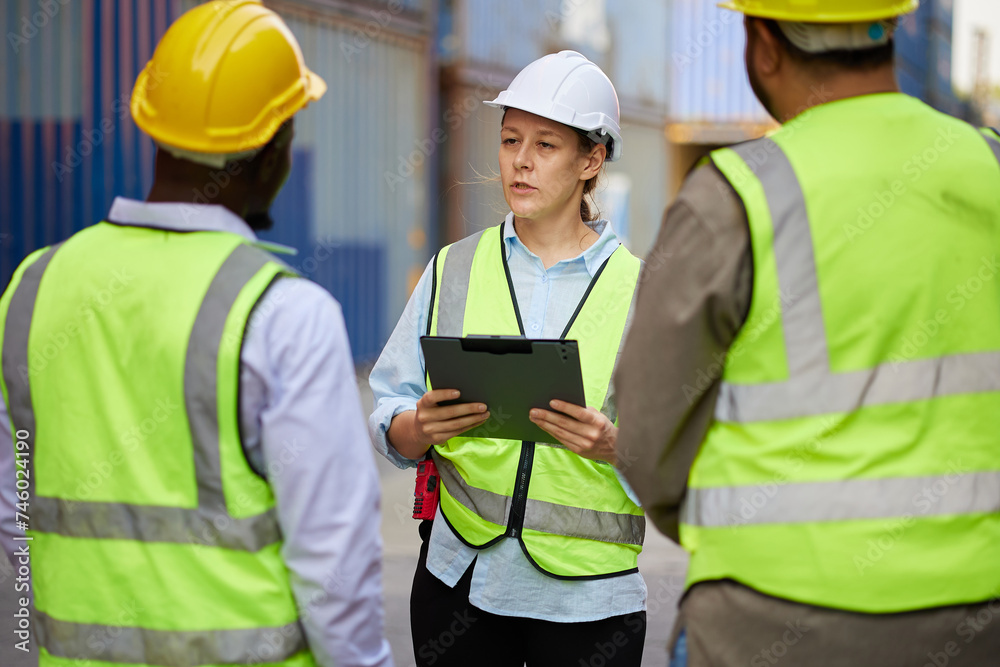workers or engineers meeting and taking about work in containers warehouse storage workers or engineers meeting and taking about work in containers warehouse storage