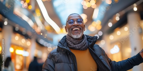 A mature African American man exudes confidence and sophistication as he strikes a dynamic pose against the blurred backdrop of a modern, motion-blurred shopping mall filled with bustling shoppers.