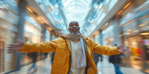 A mature African American man exudes confidence and sophistication as he strikes a dynamic pose against the blurred backdrop of a modern, motion-blurred shopping mall filled with bustling shoppers.