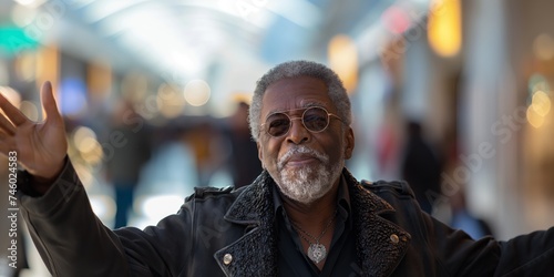 A senior African American man exudes timeless elegance and confidence as he strikes a dynamic pose against the blurred backdrop of a modern, motion-blurred shopping mall filled with bustling shoppers.