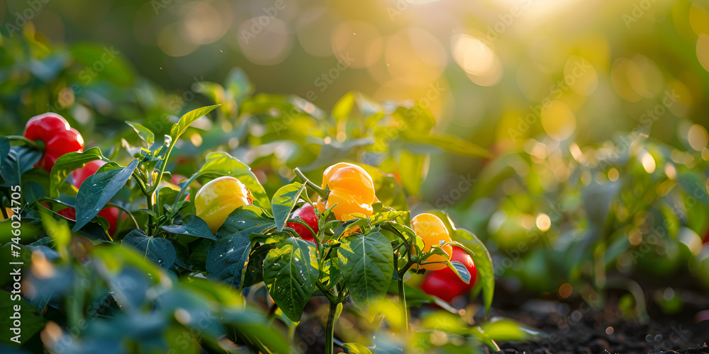 Image of a pepper tree with red bell pepper or sweet pepper, - obrazy, fototapety, plakaty 