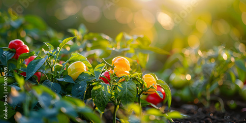 Image of a pepper tree with red bell pepper or sweet pepper,